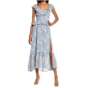 Floret Studio Floral Ruffle Midi Dress in Blue